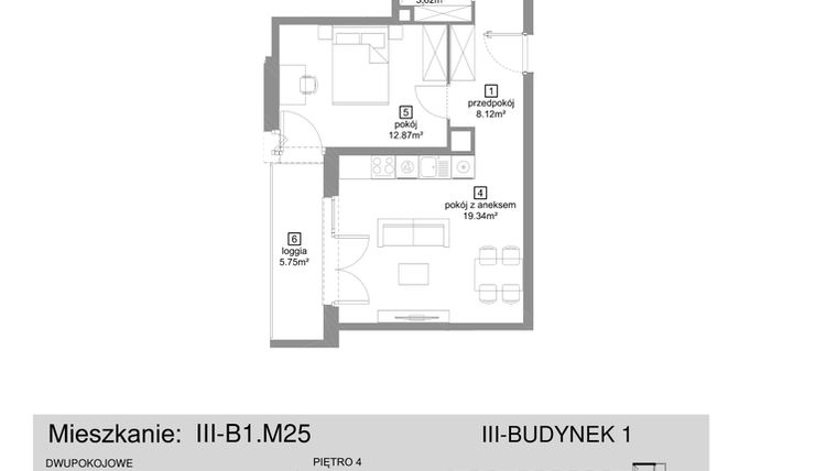 Rzut - Mieszkanie na sprzedaż 2 pokoje o powierzchni 49 m² - numer III-B1.M25 w Strefa Cegielnia 3