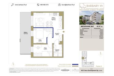 Rzut - Mieszkanie na sprzedaż 3 pokoje o powierzchni 42,57 m² - numer M47 w Barbary 19