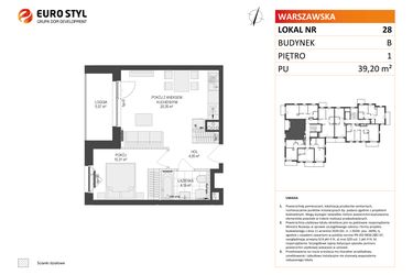 Rzut - Mieszkanie na sprzedaż 2 pokoje o powierzchni 39,2 m² - numer B.28 w Osiedle Warszawska etap III