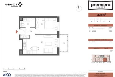 Rzut - Mieszkanie na sprzedaż 2 pokoje o powierzchni 41,48 m² - numer C.07 w Premiera Bemowo