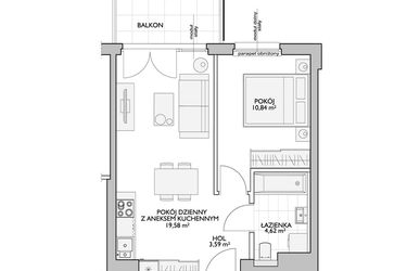 Rzut - Mieszkanie na sprzedaż 2 pokoje o powierzchni 39,72 m² - numer WO/P33/39 w Wiszące Ogrody