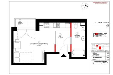 Rzut - Mieszkanie na sprzedaż 1 pokój o powierzchni 30,84 m² - numer 4 w Czynu Społecznego 65F