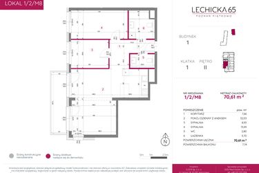 Rzut - Mieszkanie na sprzedaż 3 pokoje o powierzchni 70,61 m² - numer 1/2/M8 w Lechicka 65