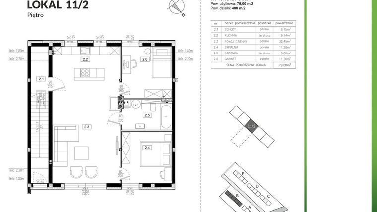 Rzut - Mieszkanie na sprzedaż 3 pokoje o powierzchni 79 m² - numer 11/2 w Szczęśliwa Polana