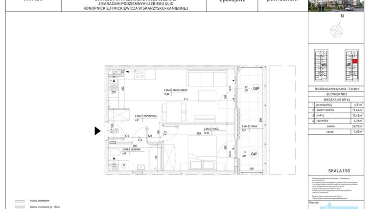 Rzut - Mieszkanie na sprzedaż 2 pokoje o powierzchni 38,93 m² - numer M-64 w Apartamenty Konopnickiej