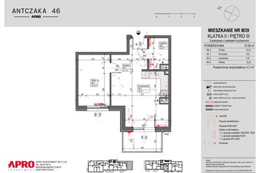 Rzut - Mieszkanie na sprzedaż 2 pokoje o powierzchni 37,6 m² - numer 39 w Antczaka 46