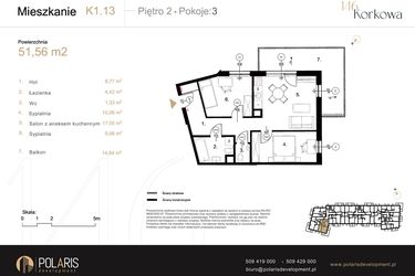 Rzut - Mieszkanie na sprzedaż 3 pokoje o powierzchni 51,56 m² - numer K1.13 w Korkowa 146