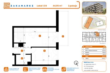 Rzut - Mieszkanie na sprzedaż 2 pokoje o powierzchni 44,95 m² - numer B1/1/04 w Zakamarki