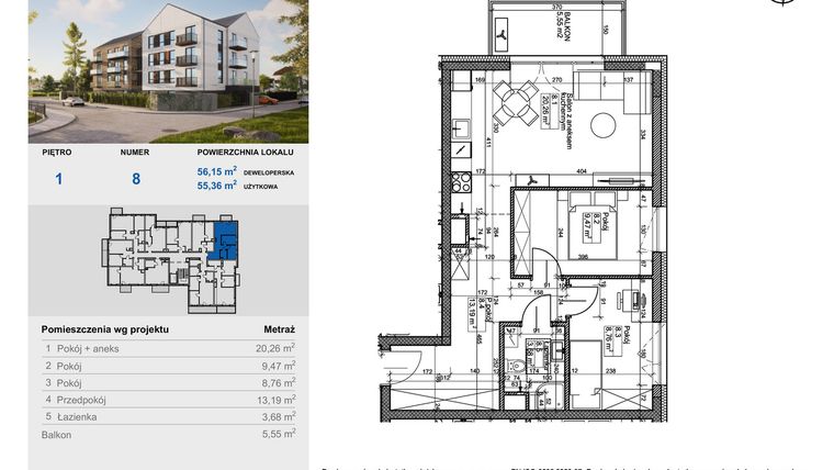 Rzut - Mieszkanie na sprzedaż 3 pokoje o powierzchni 55,36 m² - numer 8 w Balantia