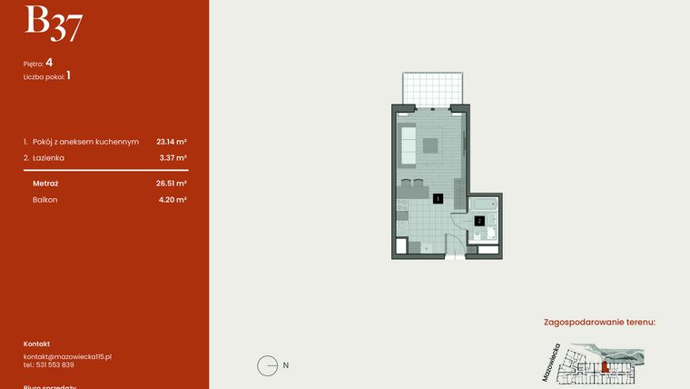 Rzut - Mieszkanie na sprzedaż 1 pokój o powierzchni 26,51 m² - numer B37 w Mazowiecka 115