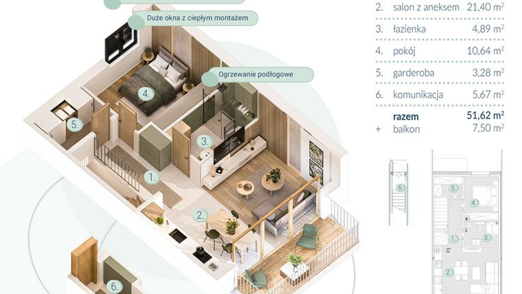 Rzut - Mieszkanie na sprzedaż 2 pokoje o powierzchni 51,62 m² - numer B.3.2 w Enklawa
