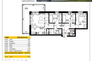 Rzut - Mieszkanie na sprzedaż 4 pokoje o powierzchni 66,34 m² - numer B 2.04 w Park Moniuszki II C