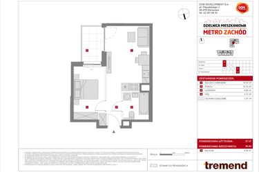 Rzut - Mieszkanie na sprzedaż 2 pokoje o powierzchni 37,37 m² - numer B.34 w Dzielnica Mieszkaniowa Metro Zachód - etap 8.2