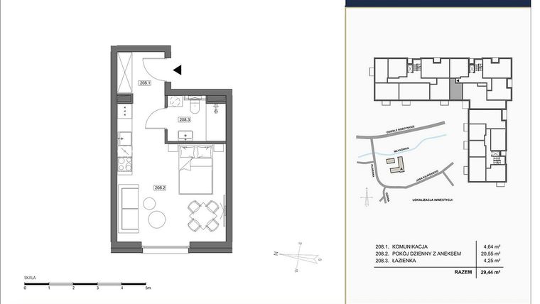 Rzut - Mieszkanie na sprzedaż 1 pokój o powierzchni 29,44 m² - numer A.208 w Nowa Młynówka