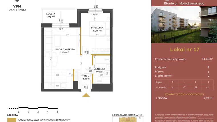 Rzut - Mieszkanie na sprzedaż 2 pokoje o powierzchni 44,34 m² - numer 17 w Stacja Błonie etap II