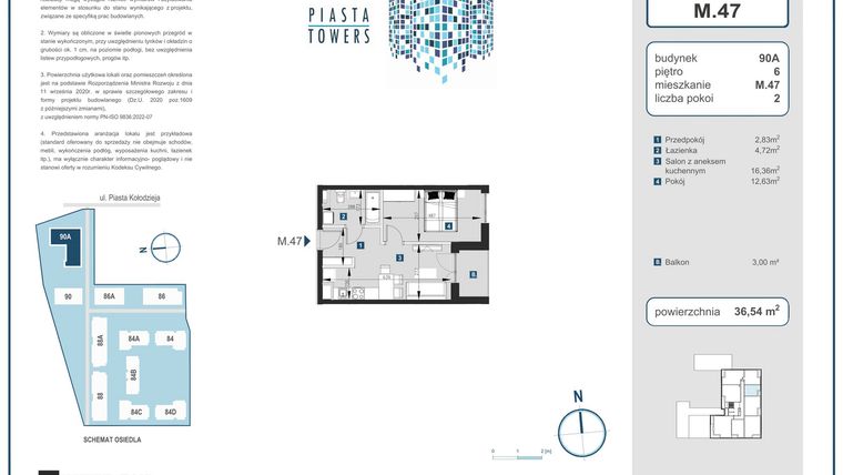 Rzut - Mieszkanie na sprzedaż 2 pokoje o powierzchni 36,54 m² - numer 47 w Piasta Towers bud. 90A