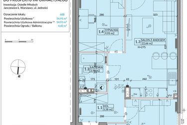 Rzut - Mieszkanie na sprzedaż 3 pokoje o powierzchni 54,95 m² - numer 68B w Osiedle Młodych etap X