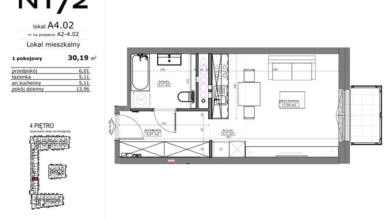 Rzut - Mieszkanie na sprzedaż 1 pokój o powierzchni 30,19 m² - numer A4.02 w Naramowicka 172