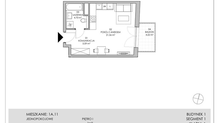 Rzut - Mieszkanie na sprzedaż 1 pokój o powierzchni 31,35 m² - numer 1A.11 w Skwer Harmonia II