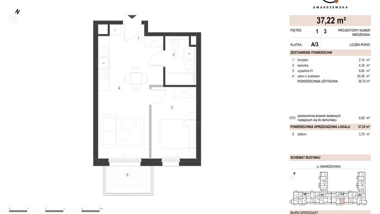 Rzut - Mieszkanie na sprzedaż 2 pokoje o powierzchni 37,22 m² - numer A/3/1.3 w Smardzewska 8