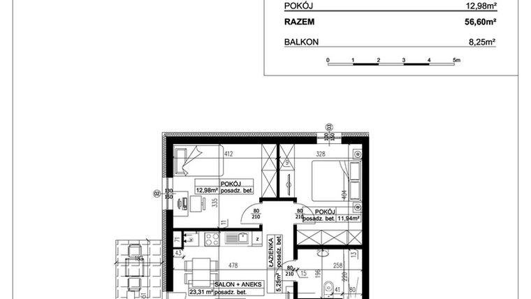 Rzut - Mieszkanie na sprzedaż 3 pokoje o powierzchni 56,6 m² - numer 7 w Ceramika