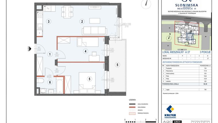 Rzut - Mieszkanie na sprzedaż 3 pokoje o powierzchni 56,38 m² - numer M27 w Słonimska Residence II