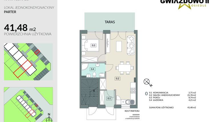 Rzut - Mieszkanie na sprzedaż 2 pokoje o powierzchni 41,48 m² - numer A16.1 w Gwiazdowo II