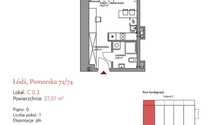 Rzut - Mieszkanie na sprzedaż 1 pokój o powierzchni 29,53 m² - numer C 0.3 w Melody Loft