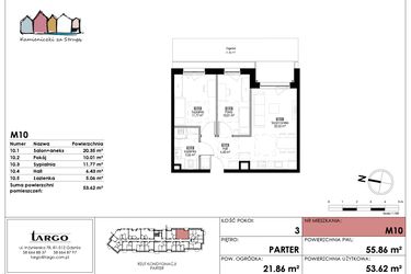 Rzut - Mieszkanie na sprzedaż 3 pokoje o powierzchni 53,62 m² - numer M10 w Kamieniczki za Strugą