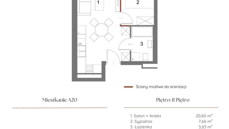 Rzut - Mieszkanie na sprzedaż 1 pokój o powierzchni 32,34 m² - numer A20 w Dąbrowskiego 9