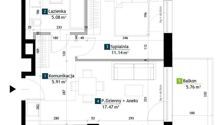 Rzut - Mieszkanie na sprzedaż 2 pokoje o powierzchni 39,6 m² - numer AA0201 w Viva Cité 2