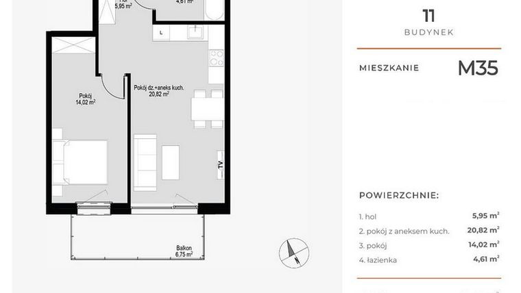 Rzut - Mieszkanie na sprzedaż 2 pokoje o powierzchni 45,85 m² - numer M35 w Łepkowskiego 11