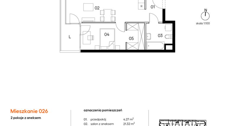 Rzut - Mieszkanie na sprzedaż 2 pokoje o powierzchni 45,52 m² - numer A.A026 w Miasto Polskich Mistrzów Olimpijskich II