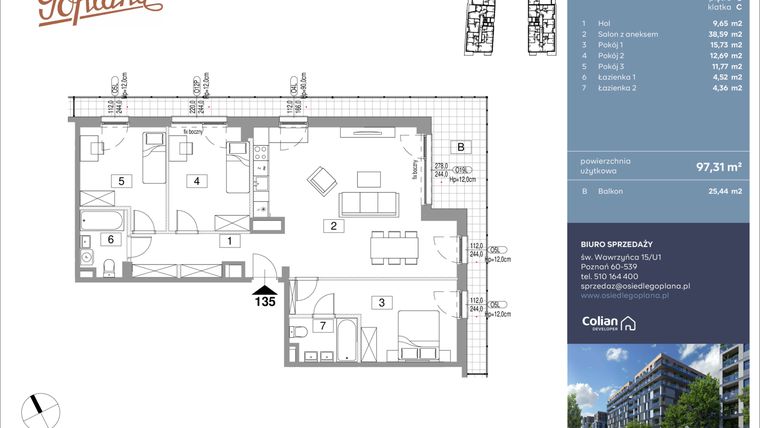 Rzut - Mieszkanie na sprzedaż 4 pokoje o powierzchni 97,31 m² - numer F135 w Goplana budynek F