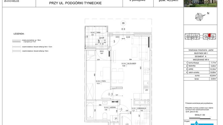 Rzut - Mieszkanie na sprzedaż 2 pokoje o powierzchni 43,64 m² - numer A4 w Podgórki Tynieckie
