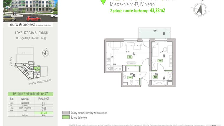 Rzut - Mieszkanie na sprzedaż 2 pokoje o powierzchni 43,28 m² - numer 47 w Neonowa Point