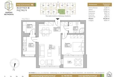 Rzut - Mieszkanie na sprzedaż 2 pokoje o powierzchni 61,34 m² - numer M18 w Ogrody Reymonta