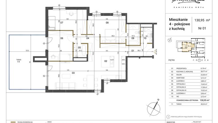 Rzut - Mieszkanie na sprzedaż 4 pokoje o powierzchni 130,95 m² - numer 1 w Kamienica Nova Chopina 22