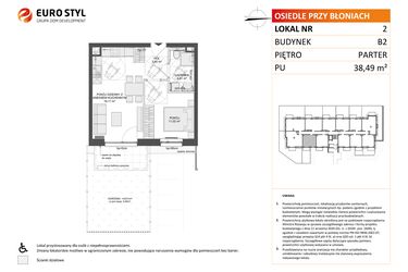 Rzut - Mieszkanie na sprzedaż 2 pokoje o powierzchni 38,49 m² - numer B2.2 w Osiedle Przy Błoniach 3 etap III