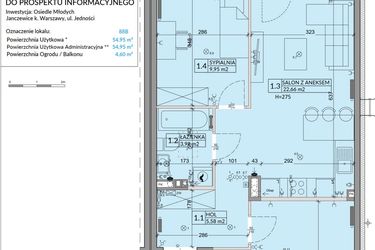 Rzut - Mieszkanie na sprzedaż 3 pokoje o powierzchni 54,95 m² - numer 88B w Osiedle Młodych etap VI