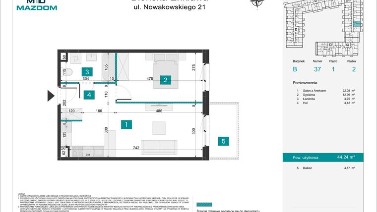 Rzut - Mieszkanie na sprzedaż 2 pokoje o powierzchni 44,24 m² - numer B.37 w Błońska Enklawa