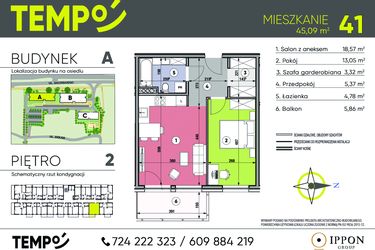 Rzut - Mieszkanie na sprzedaż 2 pokoje o powierzchni 45,09 m² - numer A41 w Osiedle TEMPO