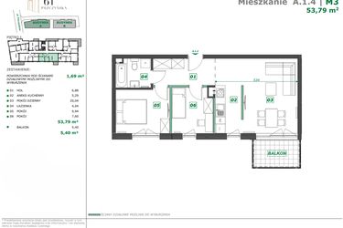 Rzut - Mieszkanie na sprzedaż 3 pokoje o powierzchni 55,43 m² - numer A.1.4 w Apartamenty Pszczyńska