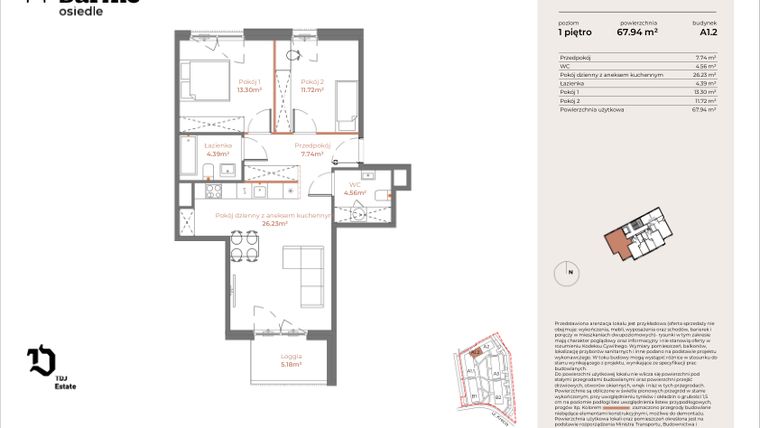 Rzut - Mieszkanie na sprzedaż 3 pokoje o powierzchni 67,94 m² - numer A1.2-01.04 w Sarnie Osiedle