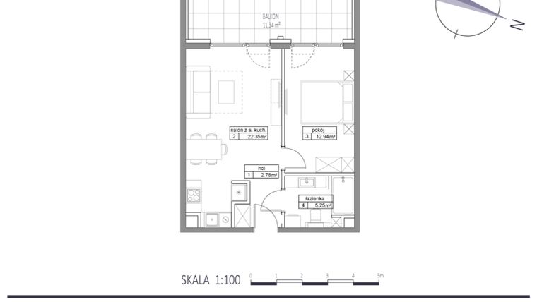Rzut - Mieszkanie na sprzedaż 2 pokoje o powierzchni 43,32 m² - numer E14 w Apartamenty na Klifie bud. D, E i F