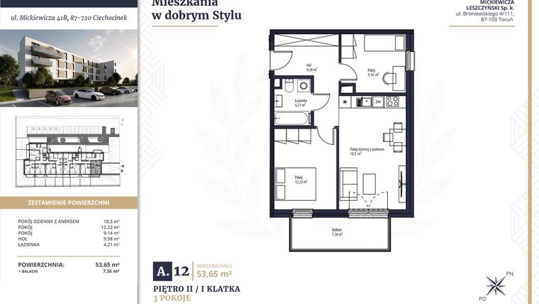 Rzut - Mieszkanie na sprzedaż 3 pokoje o powierzchni 53,65 m² - numer A12 w Mickiewicza