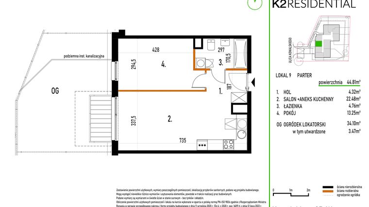 Rzut - Mieszkanie na sprzedaż 2 pokoje o powierzchni 44,81 m² - numer 9 w Kowalskiego 37