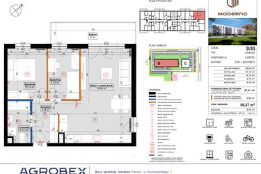 Rzut - Mieszkanie na sprzedaż 3 pokoje o powierzchni 58,27 m² - numer D.33 w Osiedle Moderno