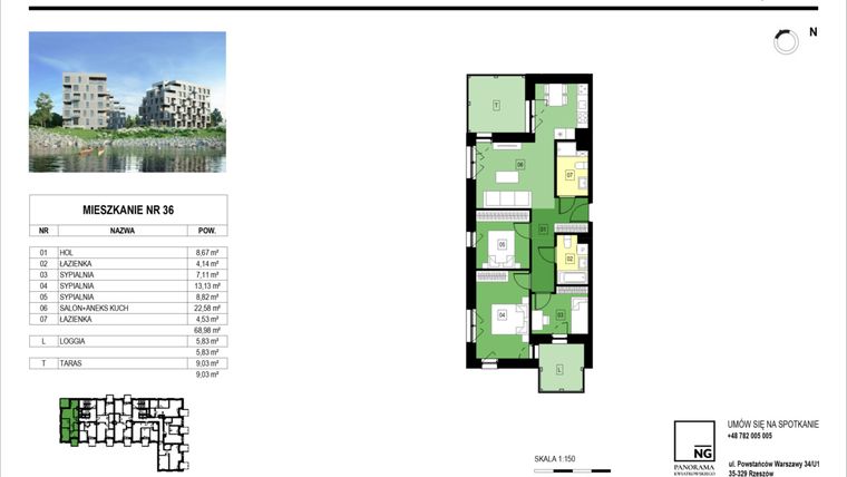 Rzut - Mieszkanie na sprzedaż 1 pokój o powierzchni 68,98 m² - numer A.36 w Panorama Kwiatkowskiego River