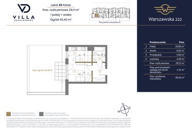 Rzut - Mieszkanie na sprzedaż 1 pokój o powierzchni 29,11 m² - numer 39 w Warszawska 222 bud. D